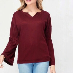 Women's Knit Top Burgundy S Long Sleeve Ruffle Bell Sleeve Henley Neck Pullover